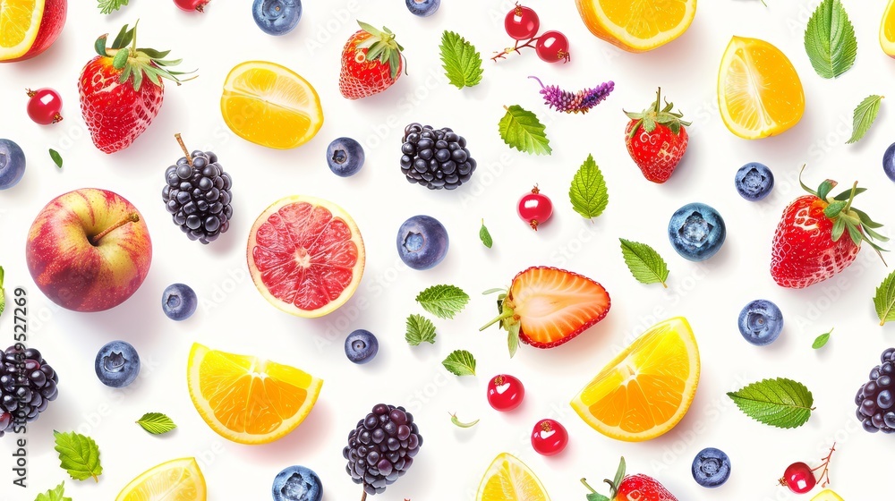 Fruits and berries isolated on white background, top view, flat lay, photorealistic, vibrant, overlay, seamless pattern Fruits and berries isolated on white background, top view, flat lay, photorealistic, vibrant, overlay, seamless pattern