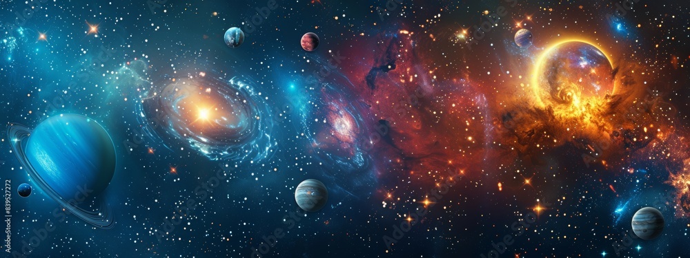 Galaxy: A cosmic pattern with stars, planets, and nebulae against a dark background. Galaxy: A cosmic pattern with stars, planets, and nebulae against a dark background.