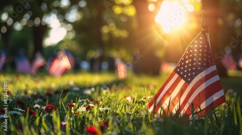 Honoring courageous heroes of the USA on Memorial Day, flags and gratitude, blurred background, photorealistic, dynamic, overlay, national cemetery