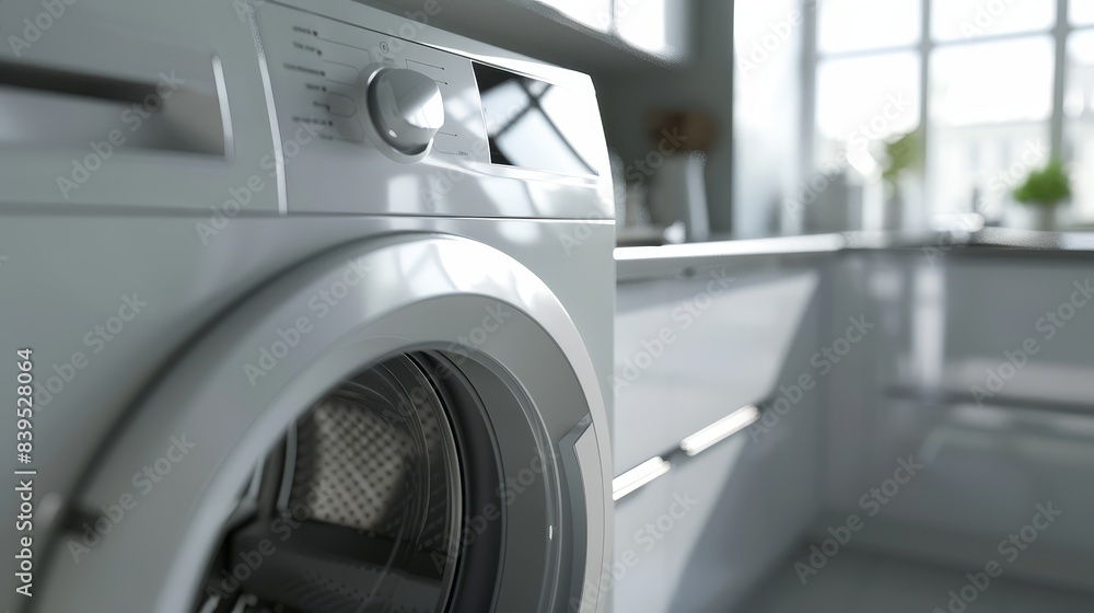 Modern washing machine close-up in sleek kitchen, white background, sharp lighting, metal textures, minimalistic design, photorealistic, dynamic, blend mode, contemporary space Modern washing machine close-up in sleek kitchen, white background, sharp lighting, metal textures, minimalistic design, photorealistic, dynamic, blend mode, contemporary space