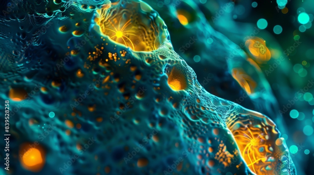 A fluorescent microscopy image of epithelial cells with bright spots ...