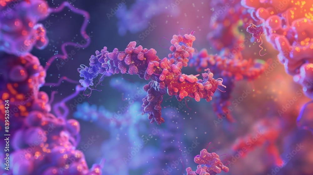 Fototapeta premium Zooming in on the active site of the spliceosome revealing the coordinated movement of proteins and RNA during splicing