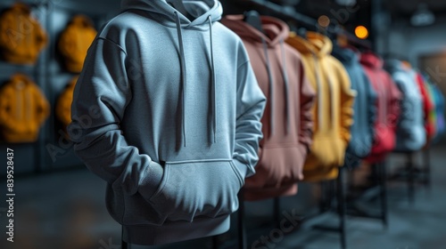 Hooded sweatshirts in a row in a fashion store