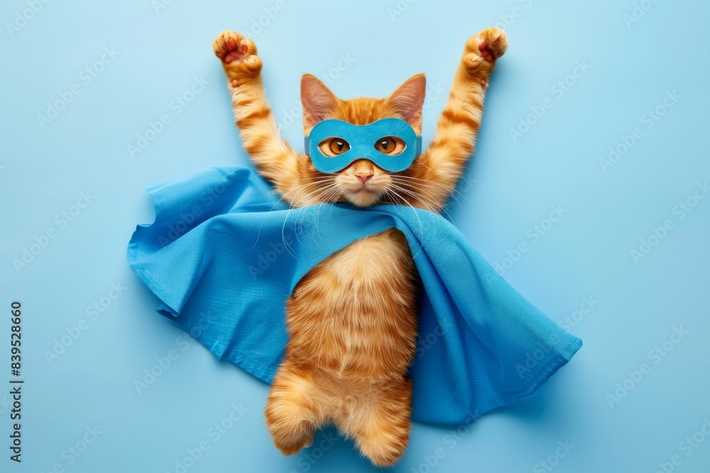 Fototapeta premium Superhero cat in blue cape and mask flying on light blue background, funny animal studio shot