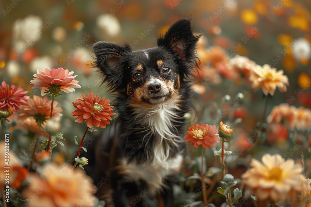Obraz premium A dog with butterfly wings, flying around a garden of oversized flowers,