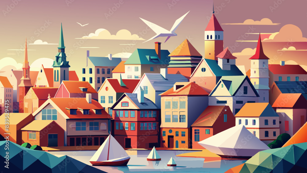 Colorful European Coastal Town at Sunset with Sailing Boats Colorful European Coastal Town at Sunset with Sailing Boats