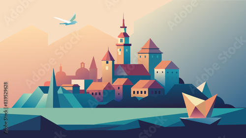 Enchanting Fairytale Castle at Sunset with Origami Boat