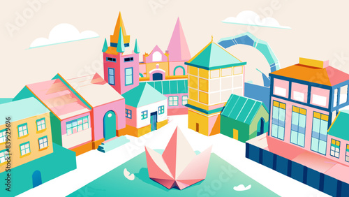 Whimsical Colorful Cartoon Village with Paper Boat on River