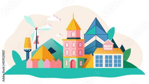 Colorful Eco-friendly Cityscape with Renewable Energy Illustration
