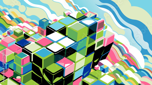 Vibrant Abstract Cubist Landscape Illustration