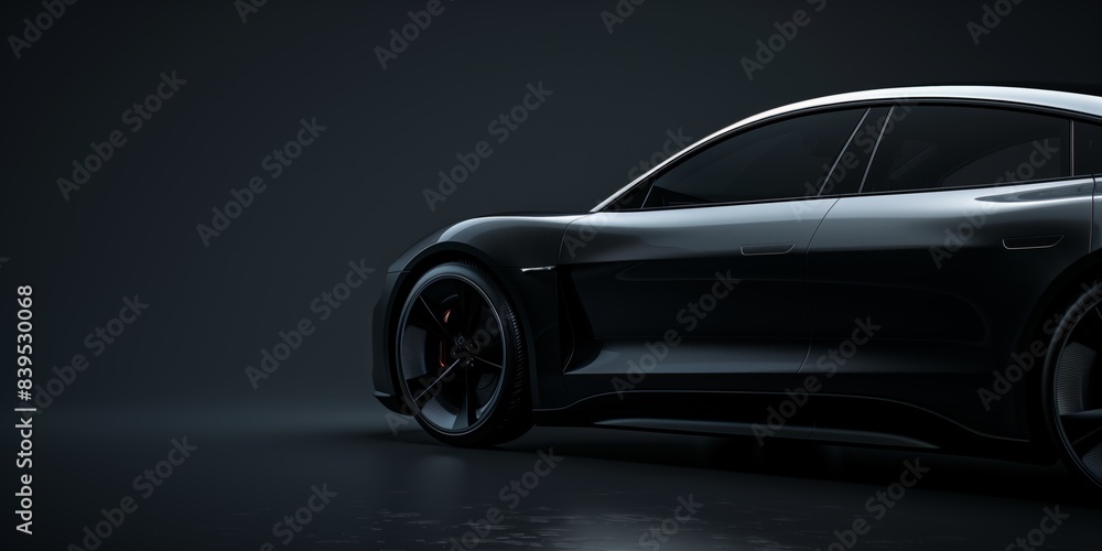 Fototapeta premium Photography of a black background with the silhouette of an electric vehicle, emphasizing sleek design and modern aesthetics