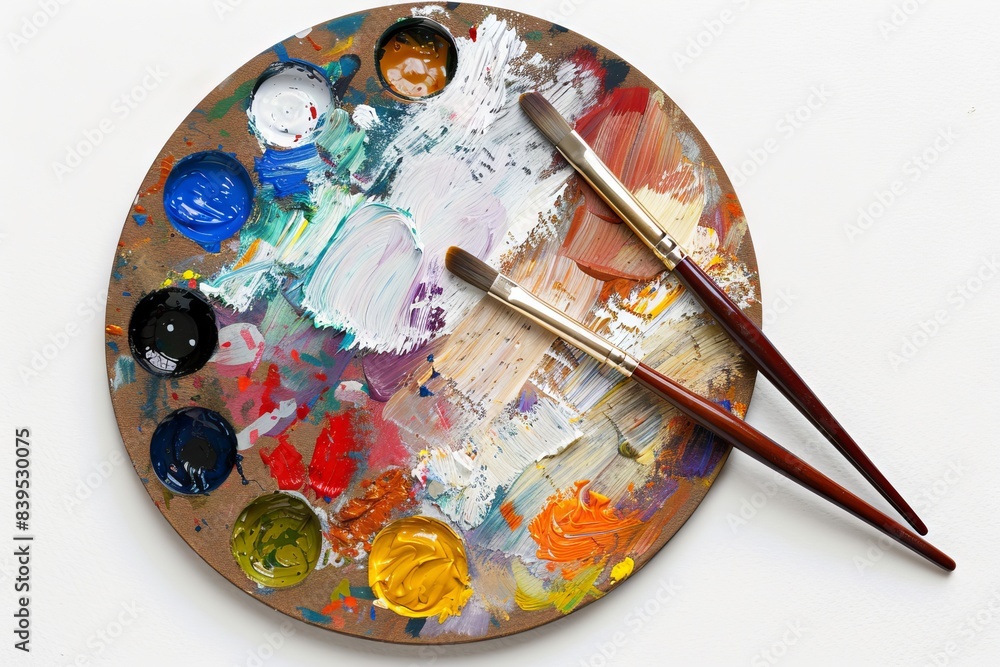 Colorful Artist Palette With Paintbrush on White Background Colorful Artist Palette With Paintbrush on White Background