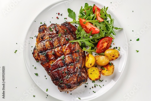 Photo of grilled meat with potatoes and salad on a white plate