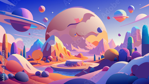 Surreal Alien Landscape with Colorful Planetary Sky and Rocky Terrain
