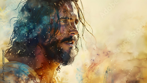 Jesus Christ head portrait, colorful multicolor illustration, religious savior motif with Christian theme, face of Jesus son of God