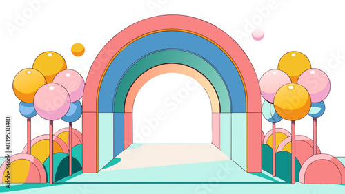 Vibrant Rainbow Archway in a Stylized Pastel Landscape