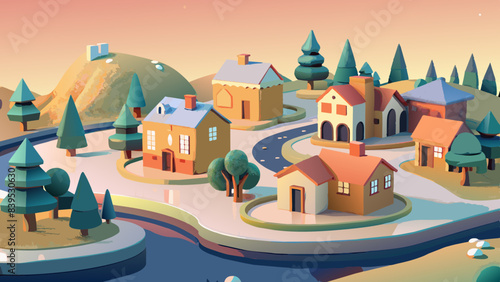 Charming Cartoon Village Scene at Sunset with Colorful Houses