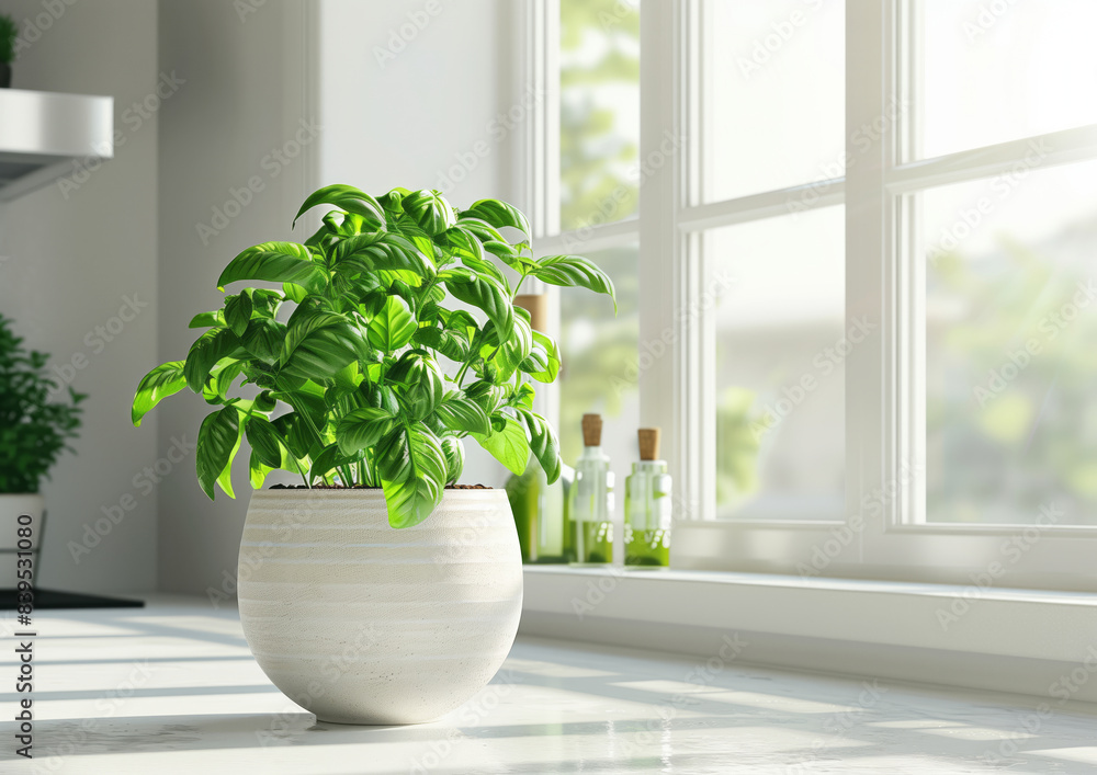 Fototapeta premium Sweet basil plant in the beige pot on the window shell of the white kitchen, soft morning lighting