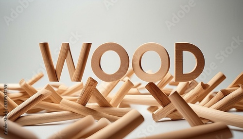 An array of wooden dowels scattered around the word 'WOOD' cut out from wood placed centrally in a well-lit setup