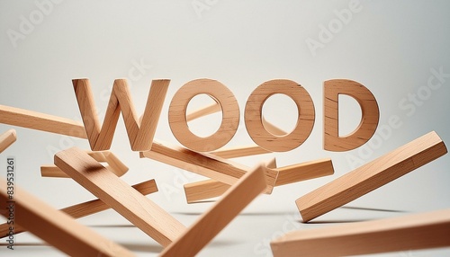 An array of wooden dowels scattered around the word 'WOOD' cut out from wood placed centrally in a well-lit setup
