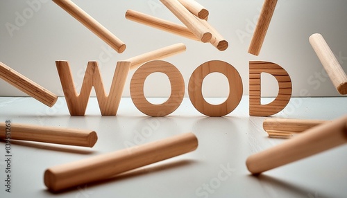 An array of wooden dowels scattered around the word 'WOOD' cut out from wood placed centrally in a well-lit setup