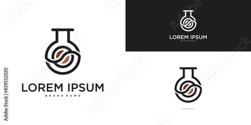 Laboratory bottle logo design with coffee beans. Premium Vector