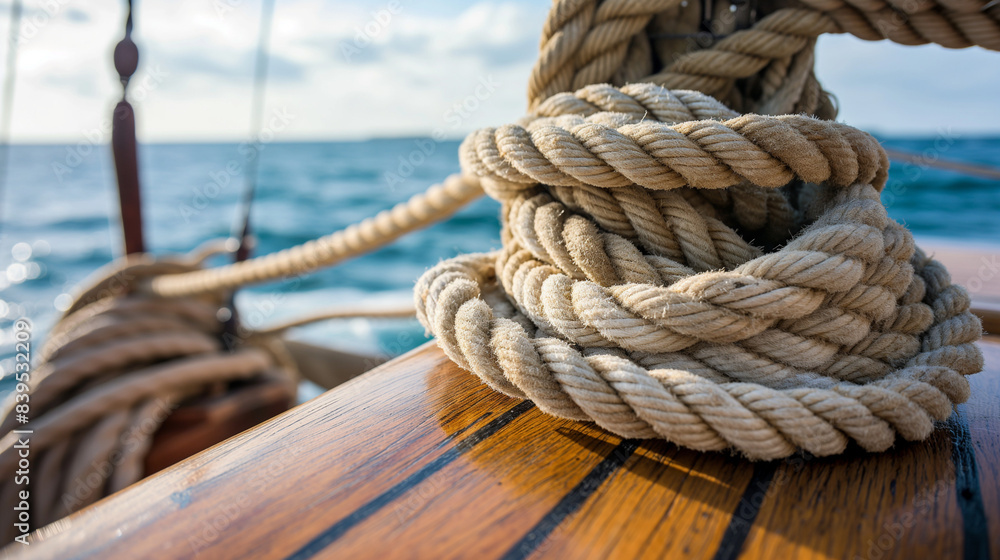 Rope knot on a wooden deck of a sailboat with ocean view Rope knot on a wooden deck of a sailboat with ocean view