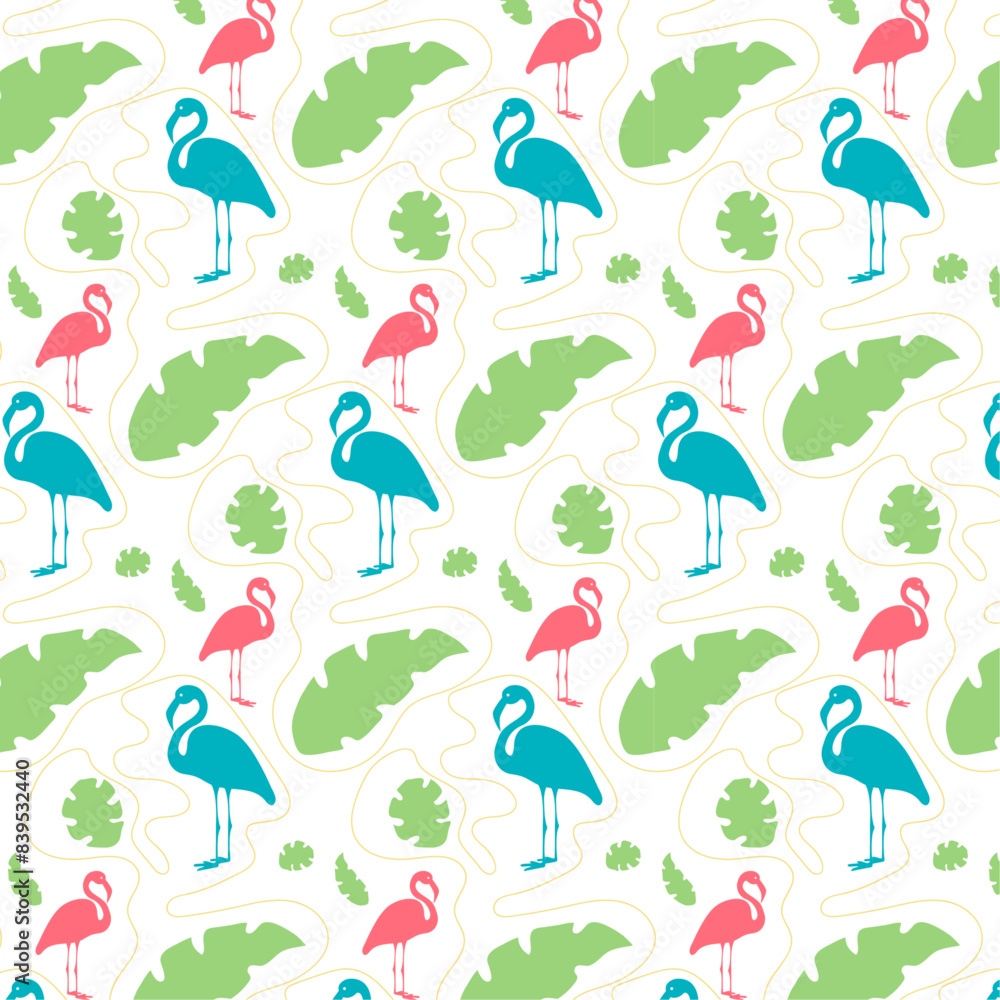 Summer seamless pattern with blue and pink flamingo and green leaves on white background for wallpapers, packaging, wrapping, notebooks, fabrics Summer seamless pattern with blue and pink flamingo and green leaves on white background for wallpapers, packaging, wrapping, notebooks, fabrics