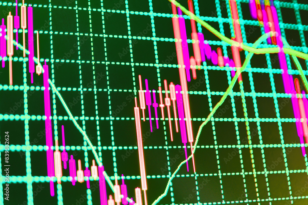 Obraz premium Financial graph on a computer monitor screen Stock market price display Business analysis diagram Green color Finance business background, stock exchange chart graph Green color