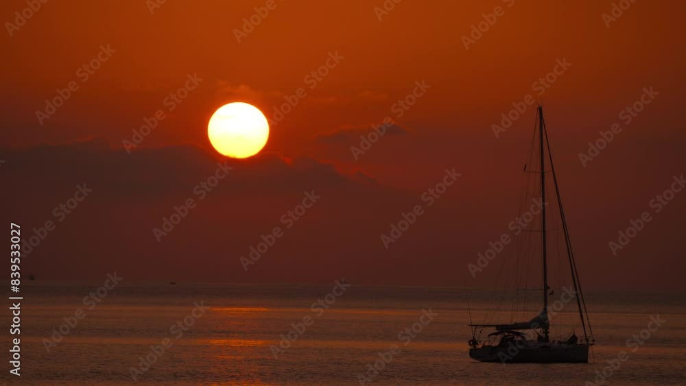 Yacht sailing against sunset. Holiday lifestyle landscape with skyline sailboat and two seagull. Yachting tourism - maritime evening walk. Romantic trip on luxury yacht during the sea sunset Yacht sailing against sunset. Holiday lifestyle landscape with skyline sailboat and two seagull. Yachting tourism - maritime evening walk. Romantic trip on luxury yacht during the sea sunset