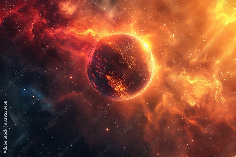 Fototapeta premium Vivid depiction of a fiery planet in outer space with vibrant colors and cosmic clouds, perfect for science fiction themes or astronomical studies. This digital art illustration captures the beauty