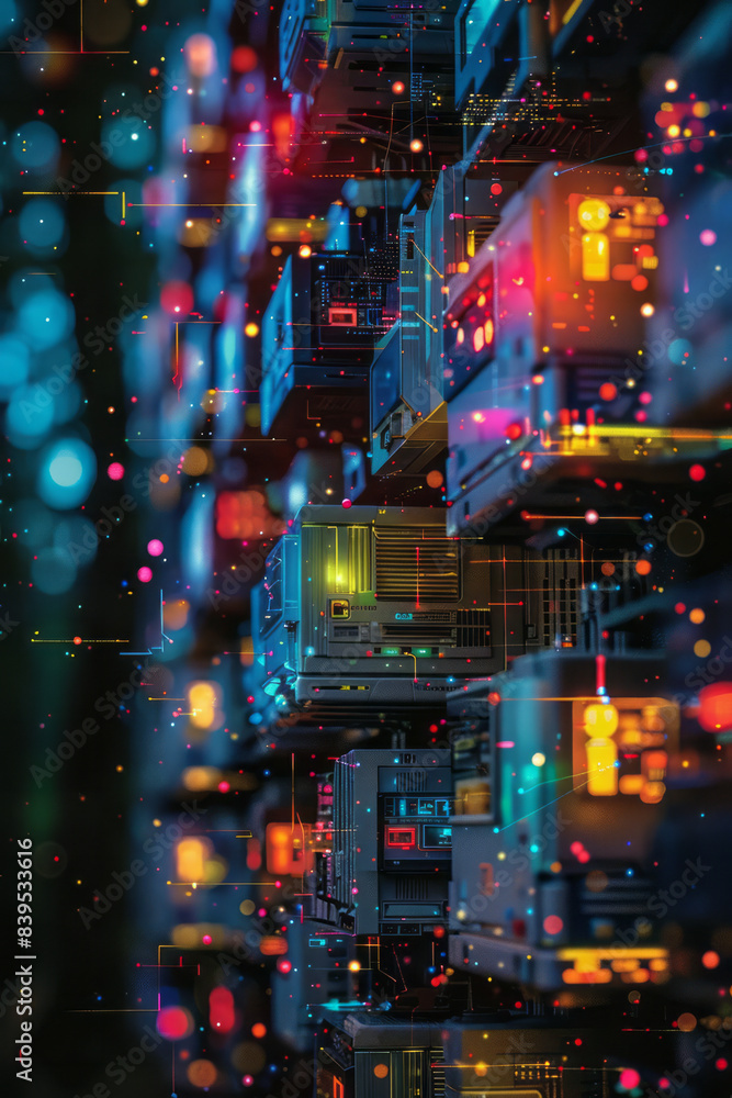 An illustration of floppy disks connected by flowing lines of data, creating a network of abstract connections, An illustration of floppy disks connected by flowing lines of data, creating a network of abstract connections,
