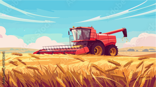The red combine harvests the harvest. Wheat harvest.