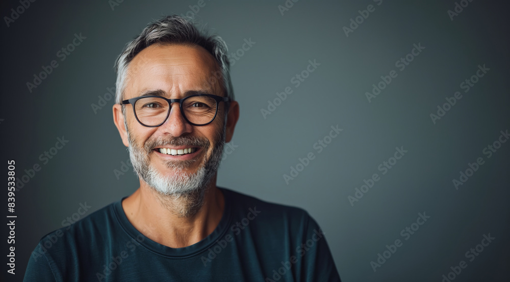Fototapeta premium A man with glasses is smiling and looking at the camera. He is wearing a black shirt and glasses. handsome man in glasses smiling against a gray background