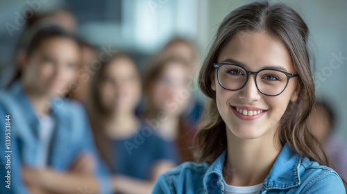 A girl with glasses is smiling. She is surrounded by other people, some of whom are also smiling. a teacher with clear visible face staying in front of students smiling, watching in camera