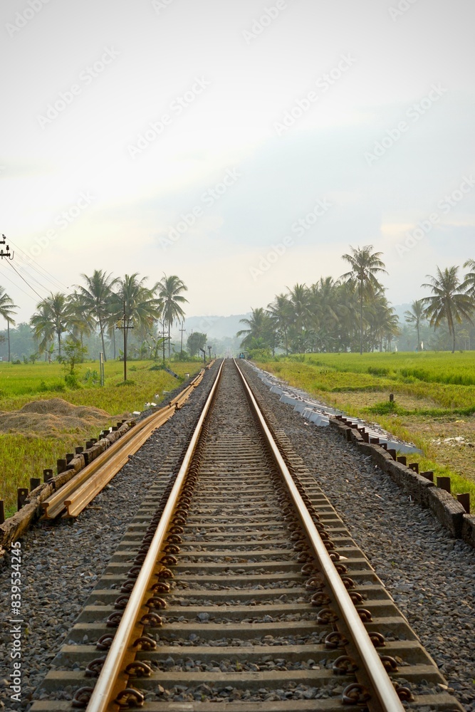 Railway tracks in rice fields. Beautiful views of rural Indonesia Railway tracks in rice fields. Beautiful views of rural Indonesia