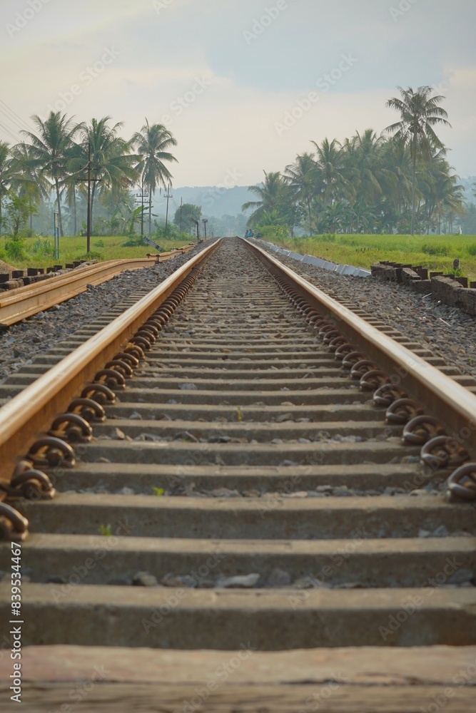 Obraz premium Railway tracks in rice fields. Beautiful views of rural Indonesia