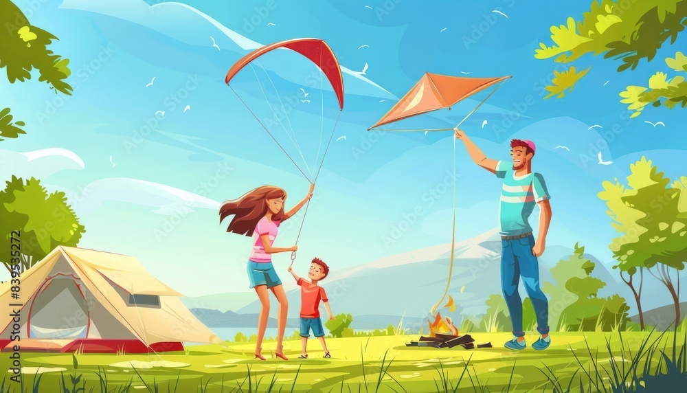 Joyful Family Time: Kite Flying Fun During Countryside Camping Adventure Joyful Family Time: Kite Flying Fun During Countryside Camping Adventure