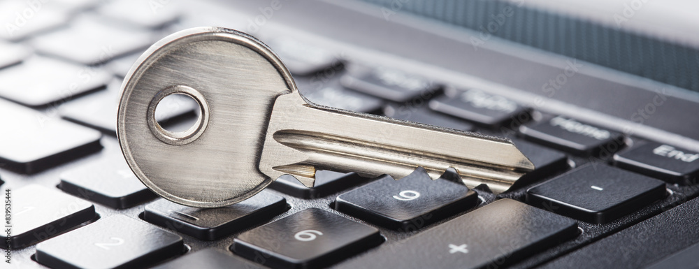 Fototapeta premium phishing, hacking personal data and money , key and hook on computer keyboard.