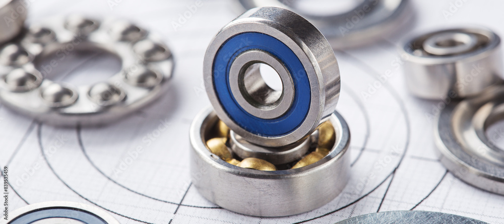 different bearings on blue print background. Part of mechanism. different bearings on blue print background. Part of mechanism.