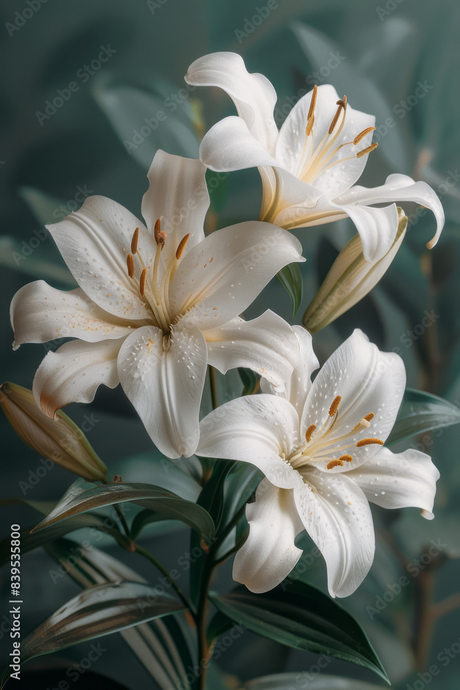 Fototapeta premium A soft grey background adorned with white lilies, providing a clean and elegant look,