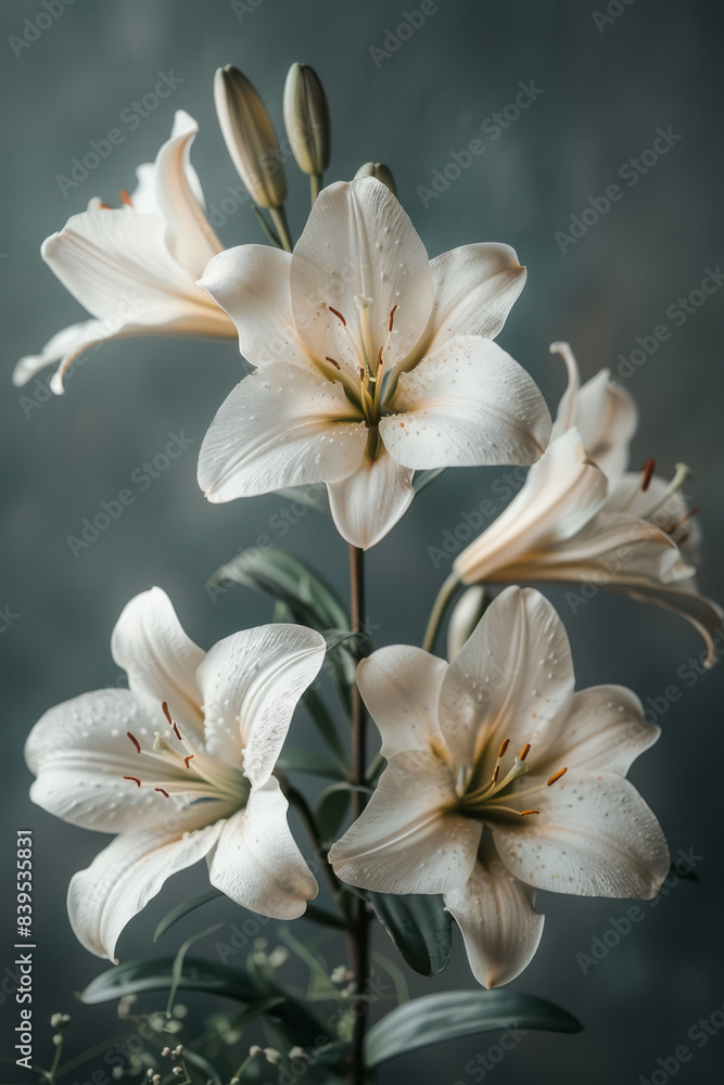 A soft grey background adorned with white lilies, providing a clean and elegant look, A soft grey background adorned with white lilies, providing a clean and elegant look,