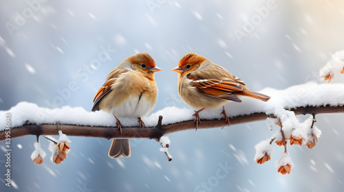 Tree Sparrows on Frosty Rosehip Branch. Winter Morning HD Wallpaper photo