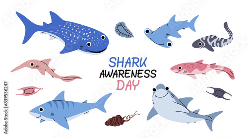 Vector color set of illustrations with different types of sharks on a white background. Flat illustration of sharks. Underwater world, ocean, shark awareness day