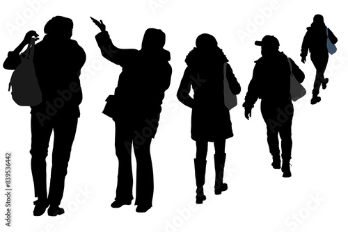Vector silhouettes of a group of women in different poses, standing, communicating, leaving. Five people