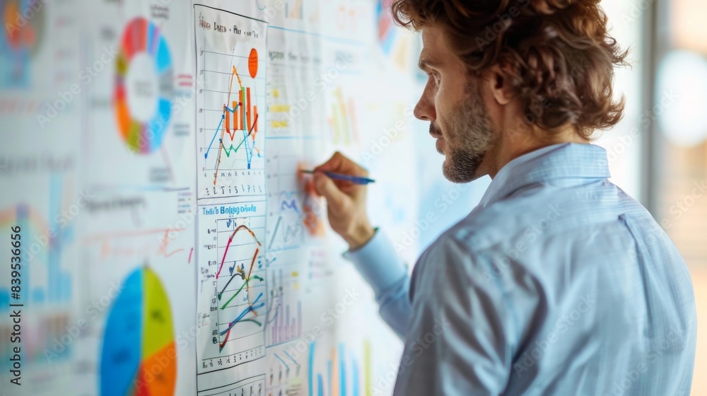 Focused business consultant marks trends on various colorful data charts on a whiteboard Focused business consultant marks trends on various colorful data charts on a whiteboard