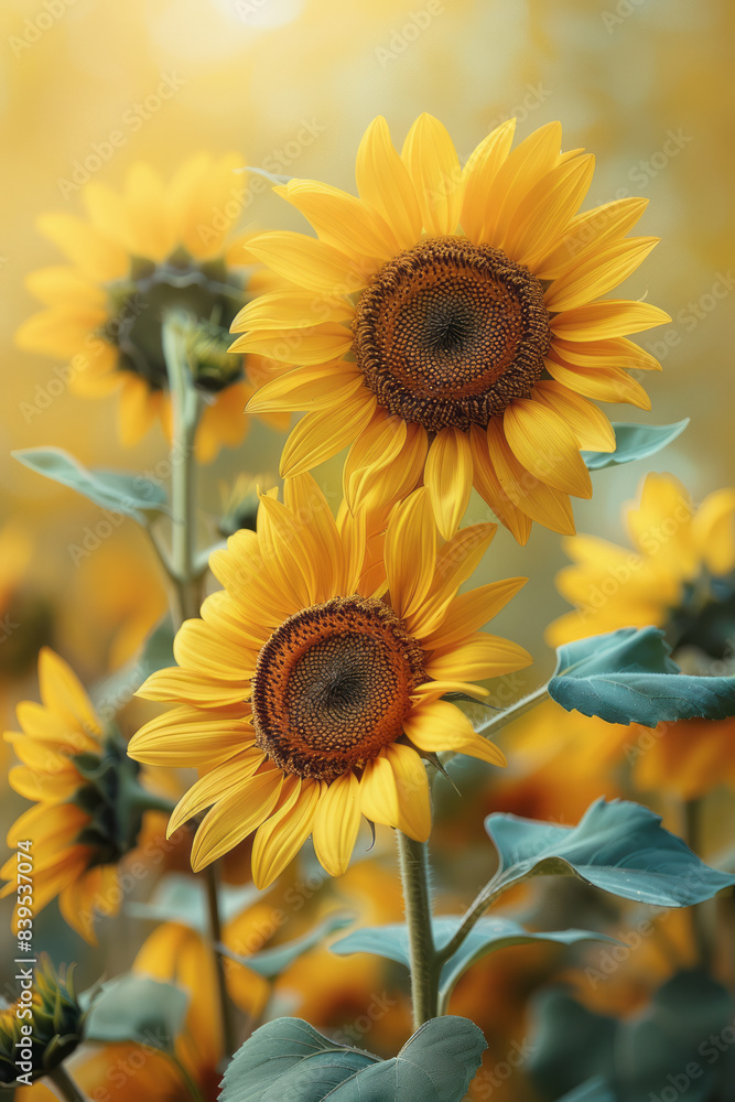 Fototapeta premium A pale yellow background with soft sunflowers along the borders, their light petals merging with the background,