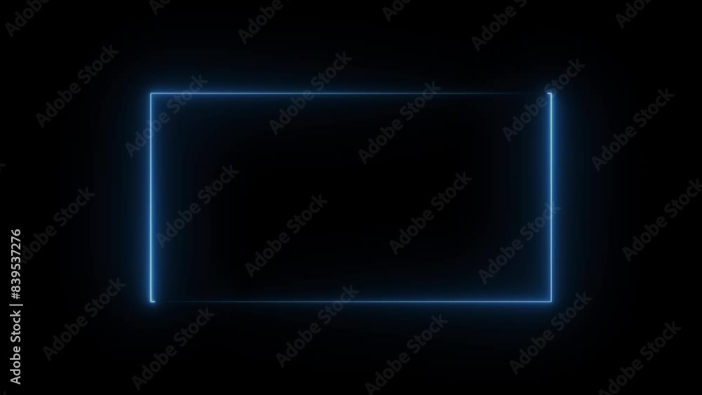 Animation of glowing neon light rectangle frame icon, abstract background and seamless loop line. Animation of glowing neon light rectangle frame icon, abstract background and seamless loop line.