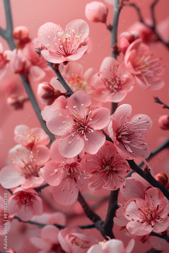 Obraz premium A soft pastel pink background with delicate cherry blossoms framing the edges, blending seamlessly with the background,