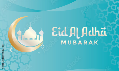 Eid al adha background blue with beautiful moon and mosque Ornaments